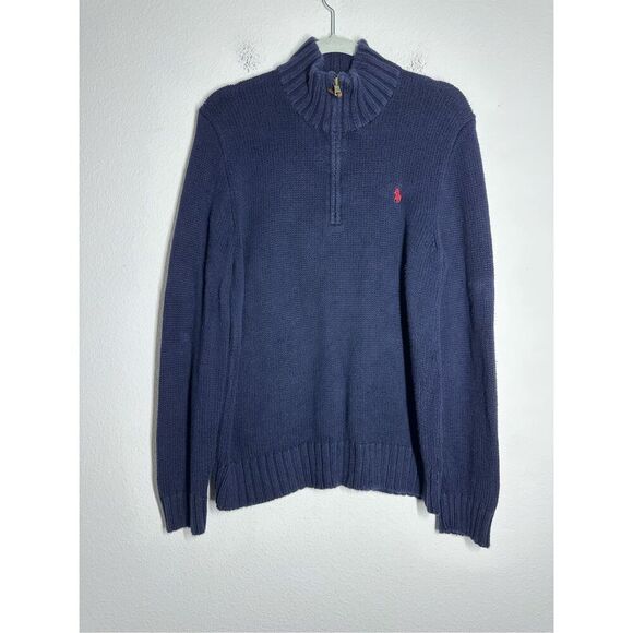 Vintage Polo Ralph Lauren Cotton 1/4 Zip Knit Sweater Turtleneck Logo Sz M Navy - Picture 1 of 11